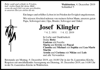 Traueranzeige von Josef Klingler