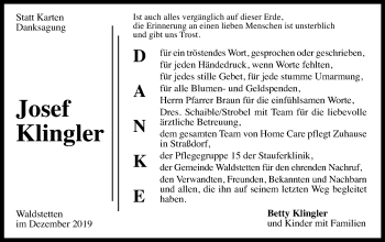 Traueranzeige von Josef Klingler von Gmünder Tagespost