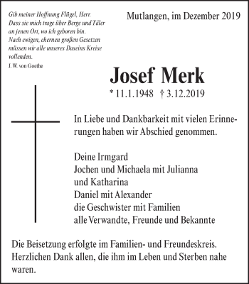 Traueranzeige von Josef Merk von Gmünder Tagespost