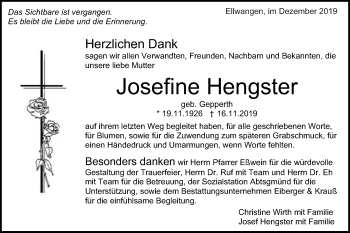 Traueranzeige von Josefine Hengster von Schwäbische Post