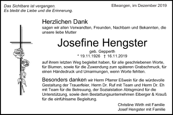 Traueranzeige von Josefine Hengster