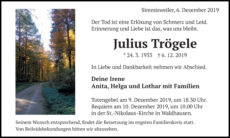  Traueranzeige für Julius Trögele vom 09.12.2019 aus Schwäbische Post