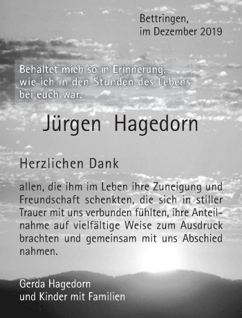 Traueranzeige von Jürgen Hagedorn