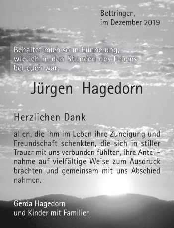 Traueranzeige von Jürgen Hagedorn von Gmünder Tagespost