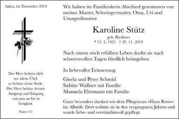 Traueranzeige von Karoline Stütz von Schwäbische Post