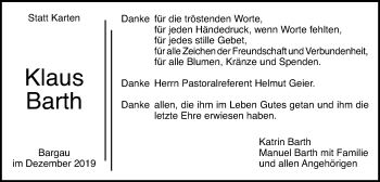 Traueranzeige von Klaus Barth von Gmünder Tagespost