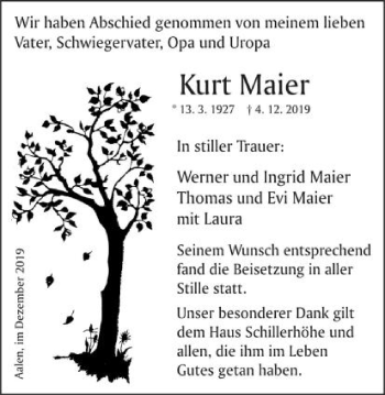 Traueranzeige von Kurt Maier von Schwäbische Post
