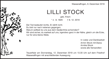 Traueranzeige von Lilli Stock von Schwäbische Post