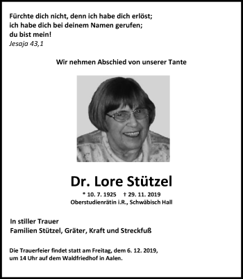 Traueranzeige von Lore Stützel von Schwäbische Post