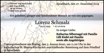 Traueranzeige von Lorenz Schmalz von Gmünder Tagespost
