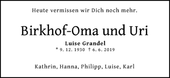 Traueranzeige von Luise Grandel von Gmünder Tagespost