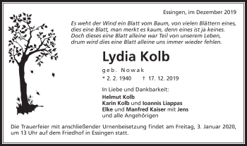 Traueranzeige von Lydia Kolb von Schwäbische Post