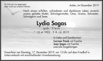 Traueranzeige von Lydia Sogas von Schwäbische Post