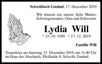 Traueranzeige von Lydia Will von Gmünder Tagespost