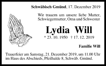 Traueranzeige von Lydia Will