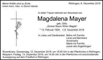 Traueranzeige von Magdalena Mayer von Schwäbische Post