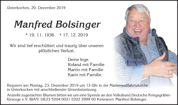 Traueranzeige von Manfred Bolsinger von Schwäbische Post