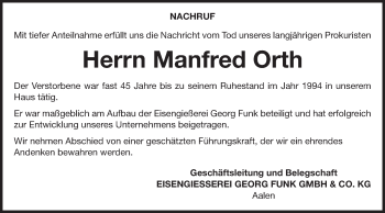 Traueranzeige von Manfred Orth von Schwäbische Post