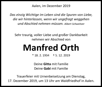 Traueranzeige von Manfred Orth von Schwäbische Post
