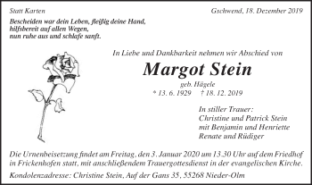 Traueranzeige von Margot Stein von Gmünder Tagespost