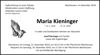 Traueranzeige von Maria Kieninger von Schwäbische Post