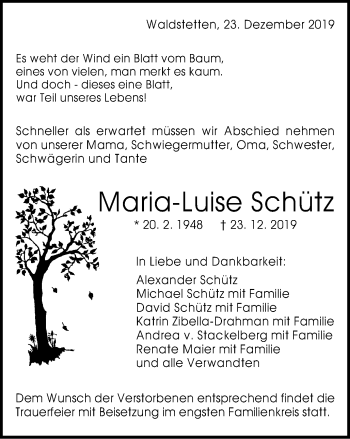 Traueranzeige von Maria-Luise Schütz von Gmünder Tagespost