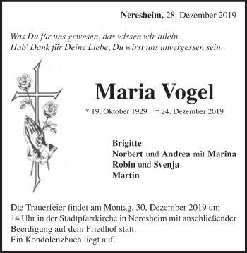 Traueranzeige von Maria Vogel von Schwäbische Post