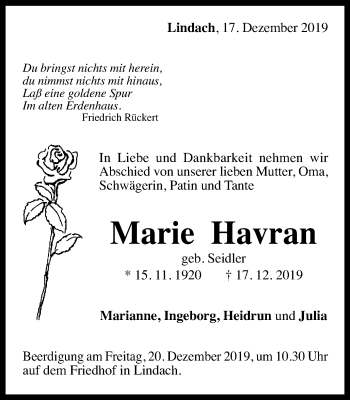 Traueranzeige von Marie Havran von Gmünder Tagespost