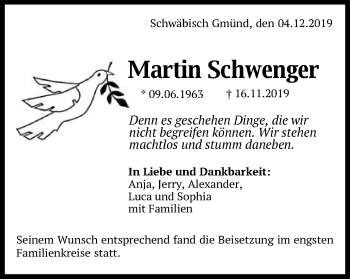 Traueranzeige von Martin Schwenger von Gmünder Tagespost
