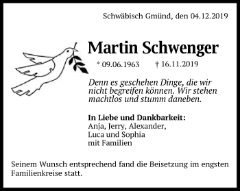 Traueranzeige von Martin Schwenger