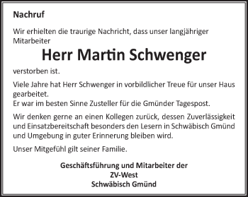 Traueranzeige von Martin Schwenger von Gmünder Tagespost