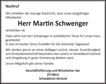 Traueranzeige von Martin Schwenger