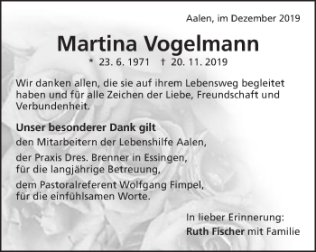 Traueranzeige von Martina Vogelmann von Schwäbische Post