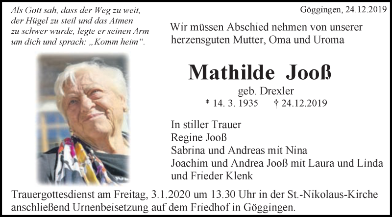  Traueranzeige für Mathilde Jooß vom 31.12.2019 aus Gmünder Tagespost