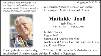 Traueranzeige von Mathilde Jooß von Gmünder Tagespost