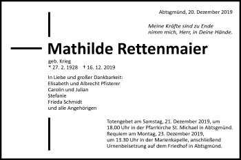 Traueranzeige von Mathilde Rettenmaier von Schwäbische Post