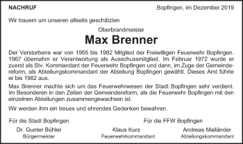 Traueranzeige von Max Brenner von Bopfinger Stadtanzeiger