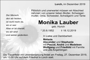 Traueranzeige von Monika Lauber von Gmünder Tagespost