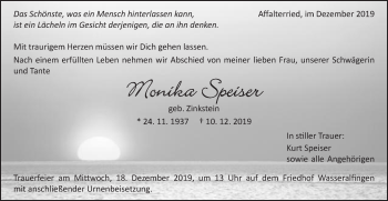 Traueranzeige von Monika Speiser von Schwäbische Post