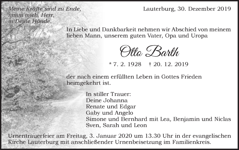  Traueranzeige für Otto Barth vom 30.12.2019 aus Schwäbische Post