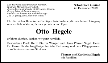 Traueranzeige von Otto Hegele von Gmünder Tagespost