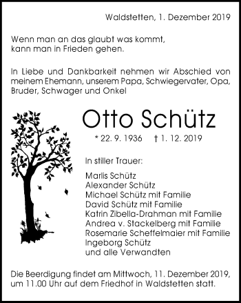 Traueranzeige von Otto Schütz von Gmünder Tagespost