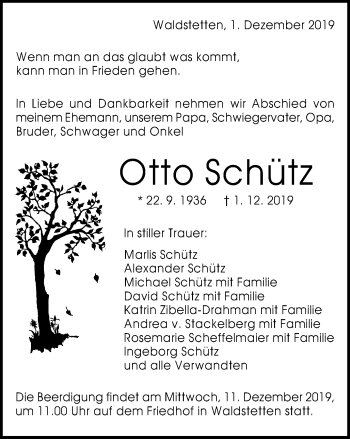 Traueranzeige von Otto Schütz