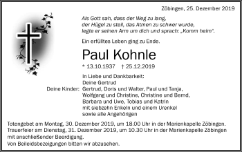 Traueranzeige von Paul Kohnle von Schwäbische Post