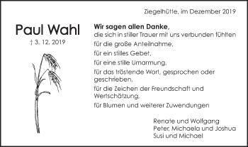 Traueranzeige von Paul Wahl von Gmünder Tagespost