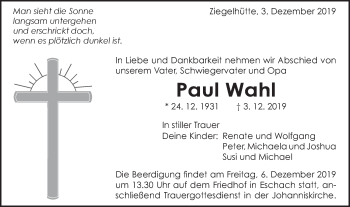 Traueranzeige von Paul Wahl von Gmünder Tagespost