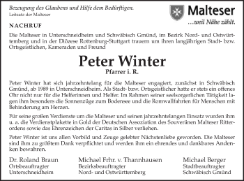 Traueranzeige von Peter Winter von Schwäbische Post