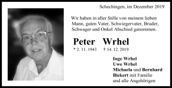 Traueranzeige von Peter Wrhel von Gmünder Tagespost