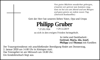 Traueranzeige von Philipp Gruber von Schwäbische Post