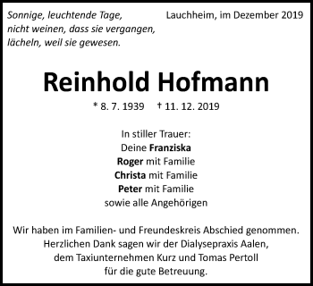 Traueranzeige von Reinhold Hofmann von Schwäbische Post